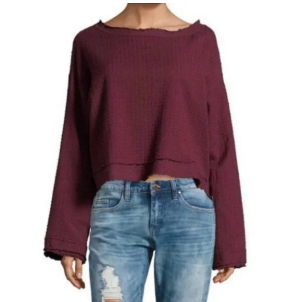 Free People Women's Maroon/Burgundy long sleeve blouse with ribbon Size M
